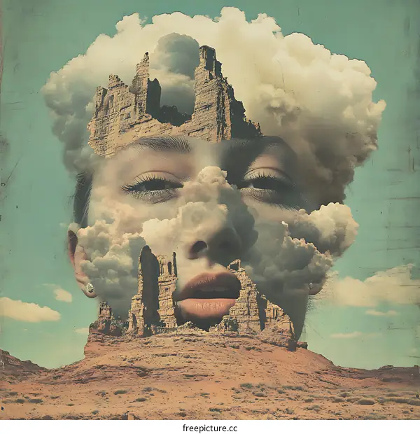 Woman with a Mountain as Her Head, Abstract Collage