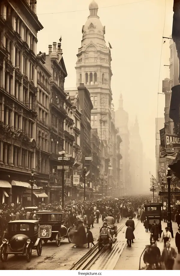 Crowded street scene with cars and people in the early 20th century