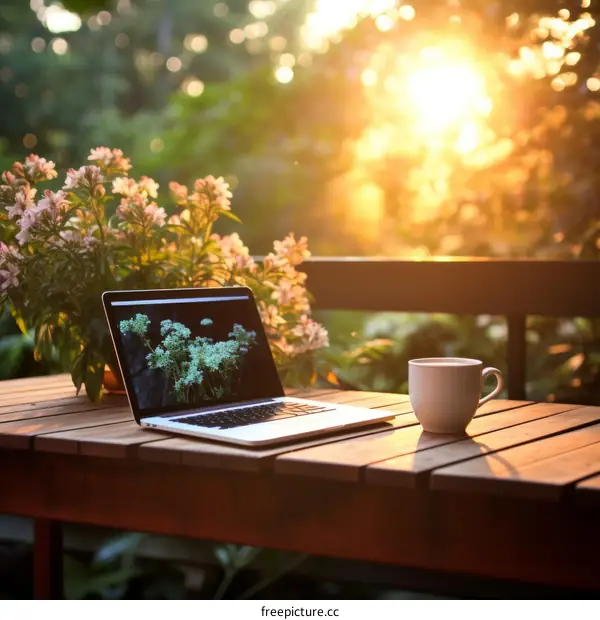 Laptop on a wooden table in a garden with flowers and a cup of coffee