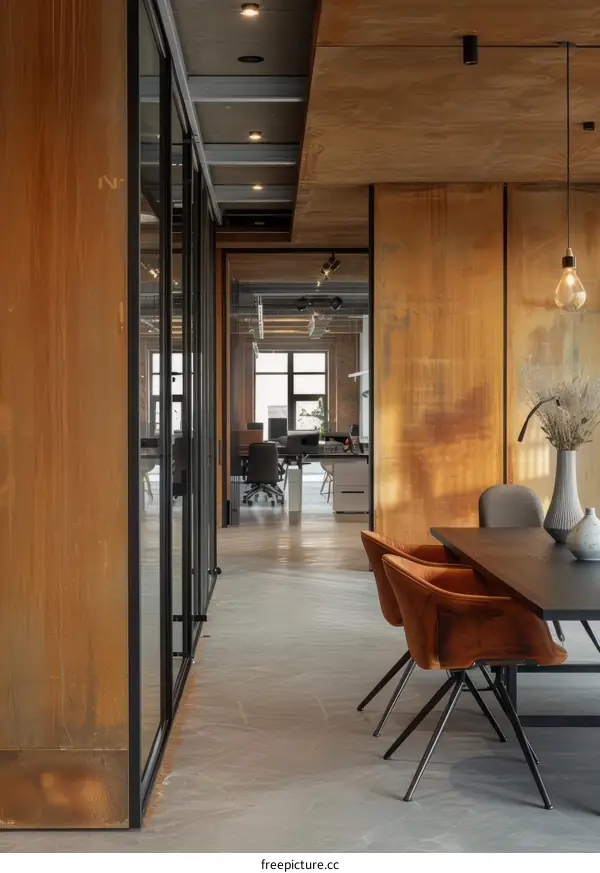 Modern Industrial Office Interior with Metal Wall and Wooden Ceiling
