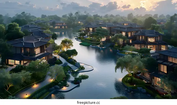 Aerial View of Modern Asian Architecture with a Lake