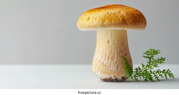 Close up of a large porcini mushroom with a small bunch of greenery