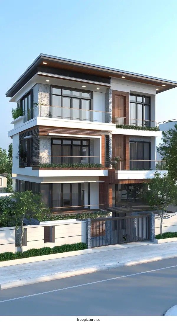 Modern Three Story Home Design with Balconies and Front Yard