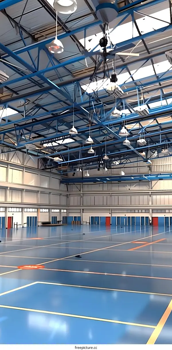 Indoor Empty Gymnasium with Blue Floor and Metal Truss