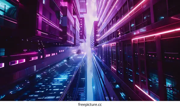 Neon Lights Cityscape With Purple And Blue Lights