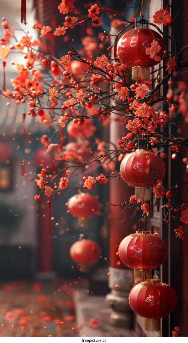 Chinese New Year Festivities with Red Lanterns and Cherry Blooms