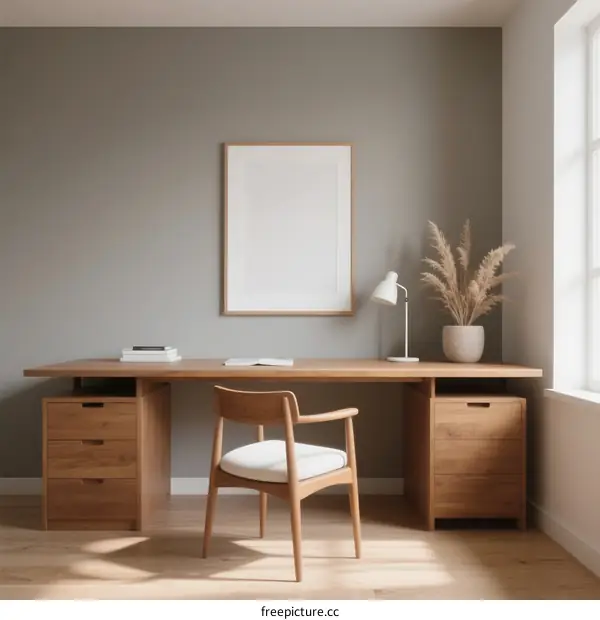 Modern Wooden Desk with Chair and White Framed Art in Minimalist Office