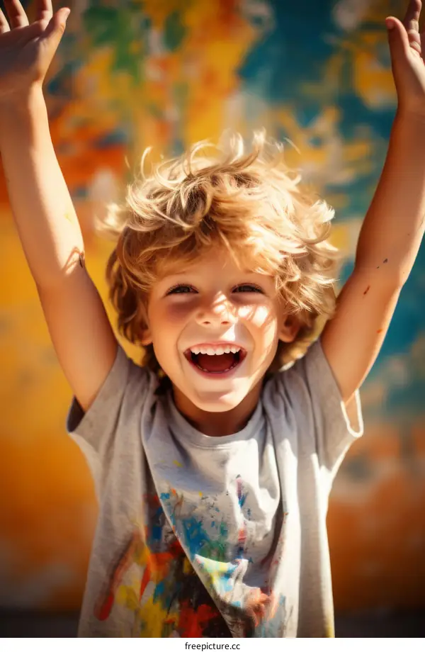Ecstatic blonde boy celebrating with raised arms in front of colorful wall