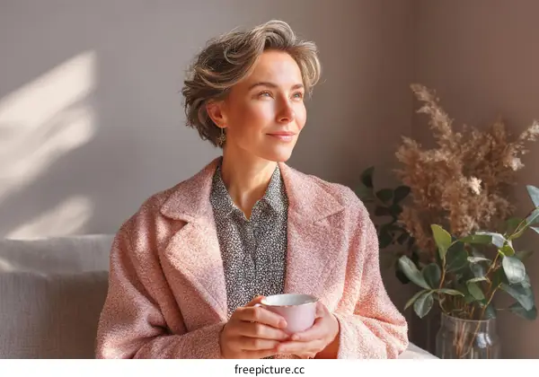 Woman enjoying a coffee in a cozy interior