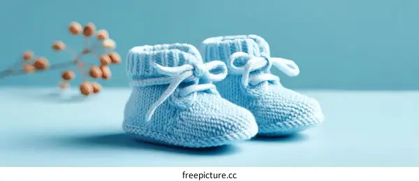 Baby Boy Knitted Booties on Light Blue Background
