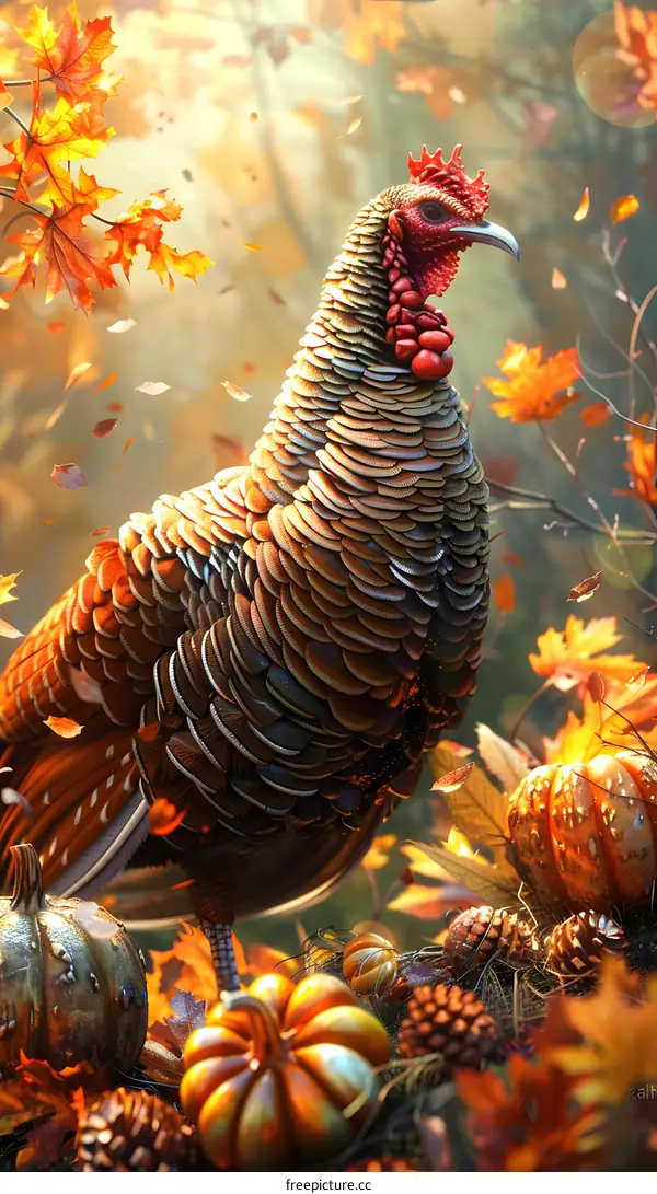 A turkey standing next to a pile of pumpkins, with leaves falling all around.