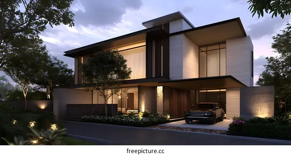 Modern House with Black Car and Lush Greenery