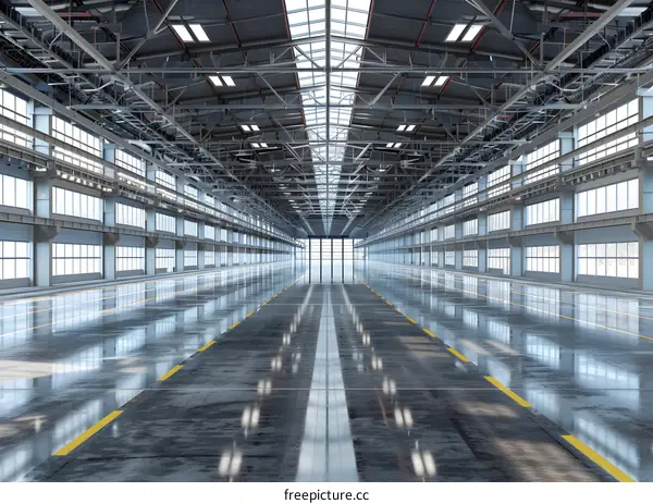 Empty Large Industrial Warehouse With Windows and Steel Beams