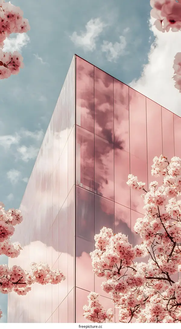 Modern Architecture with Pink Flowers Reflecting in Glass Building