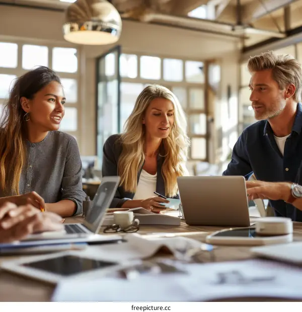 Multiethnic business team working together on laptop project in a bright modern office space