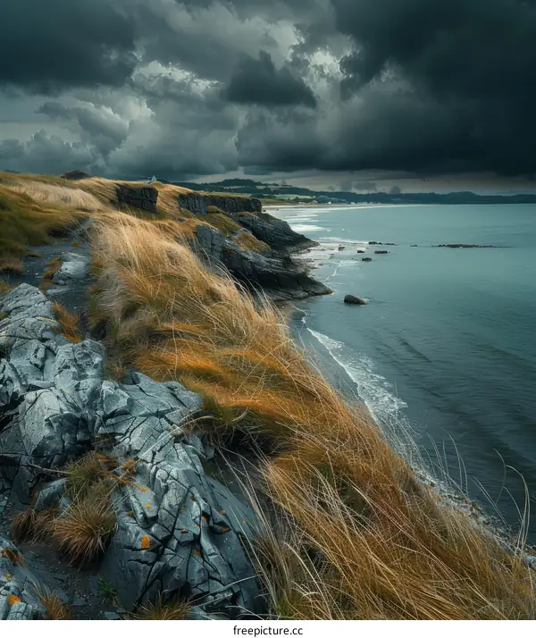 Rocky coast with stormy sea and grassy cliff edge