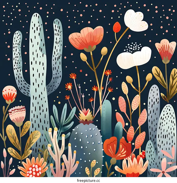 Cactus Flowers Night Garden Illustration