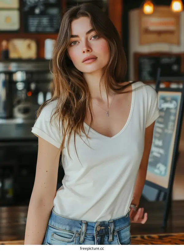 Portrait of a beautiful young woman standing in a coffee shop