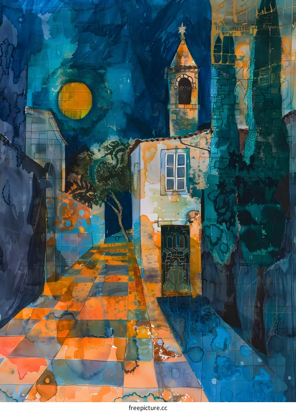 Abstract Watercolor Painting Of An Old City With A Bell Tower And Moon