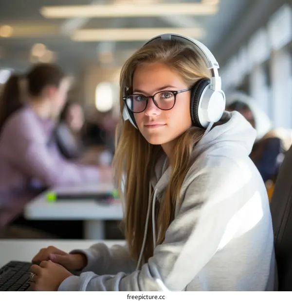 Portrait of a young woman wearing headphones and glasses, sitting in a library
