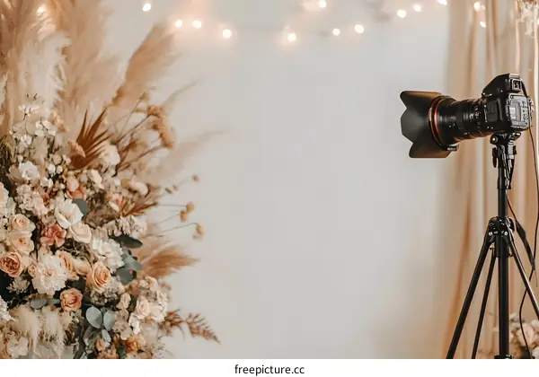 Camera on Tripod in Front of White Wall With Dried Flowers