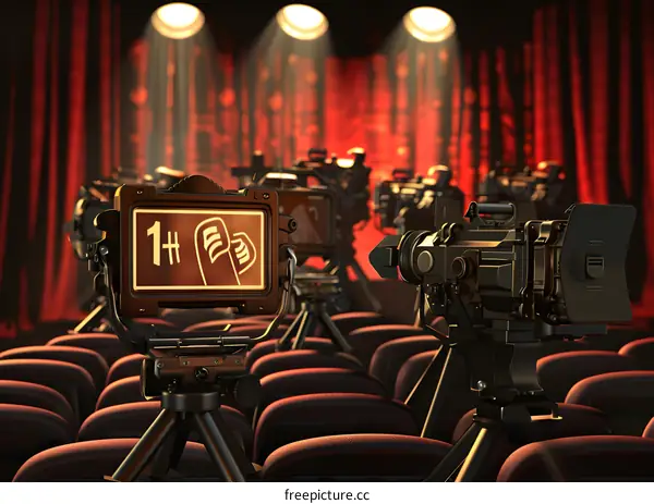 Camera on Tripod in Front of Red Curtain with Thumbs Up on Screen