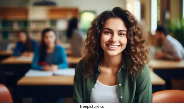 Portrait of a young woman smiling in a library