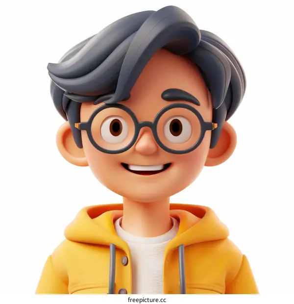 3D rendering of a young man with black hair and brown eyes wearing a yellow hoodie and glasses