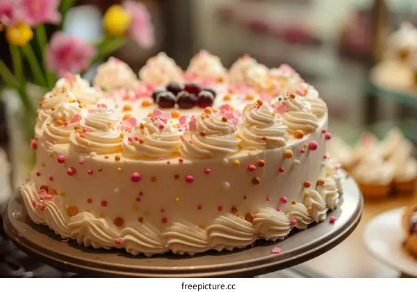 A cake with white frosting and pink and yellow sprinkles