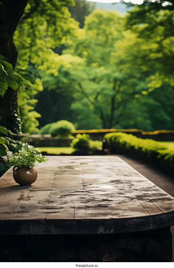 An empty wooden table in a lush green garden