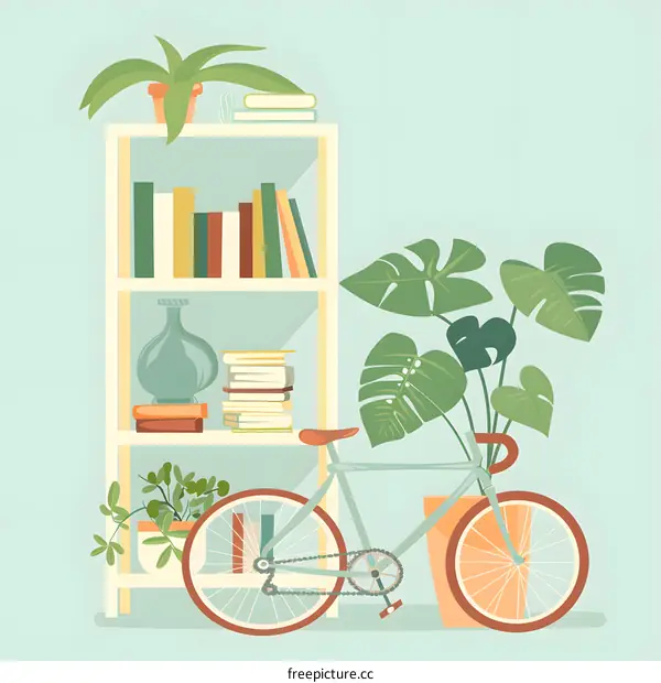 Illustration of a Bookshelf with a Bicycle and Plants