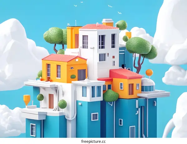 3D Illustration of Houses in the Sky with Clouds