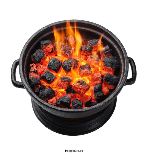 [Transparent Background PNG]Burning Charcoal in a Cast Iron Grill Bowl