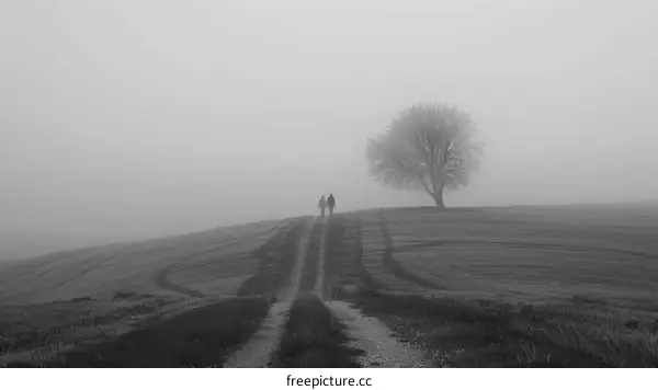 Couple walking on a rural road on a foggy day
