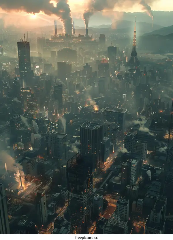 A cyberpunk city with a large tower in the center