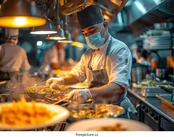 Masked chef cooking in a busy restaurant kitchen