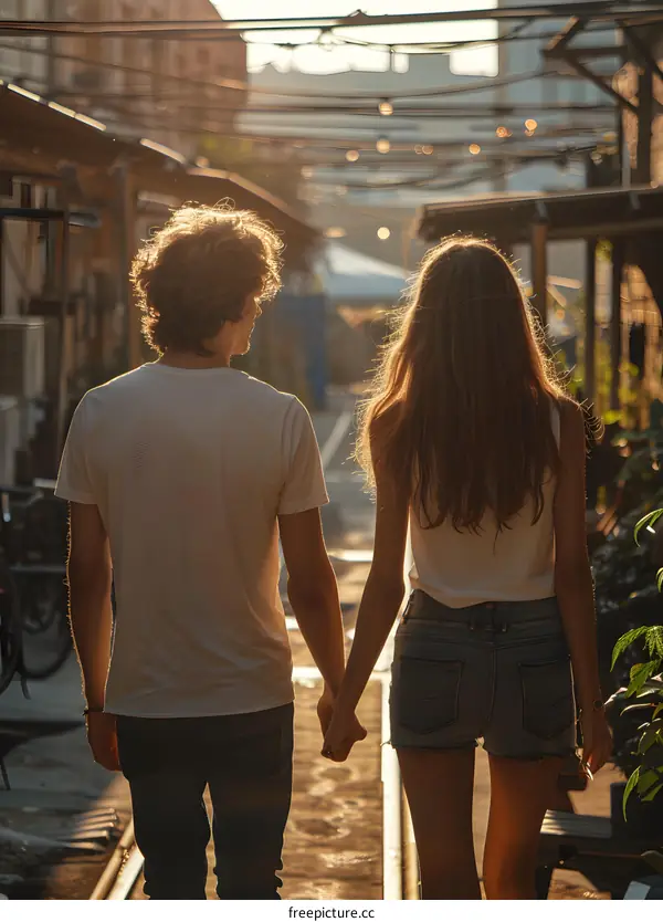 young couple holding hands walking away from the camera