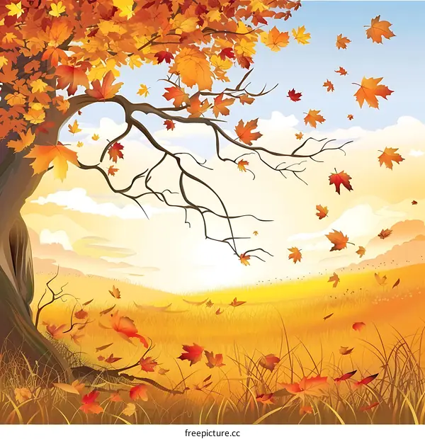 Autumn Tree With Falling Leaves In Background