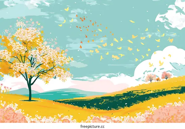 Beautiful Illustration of a Yellow Tree in a Field of Flowers with Butterflies Flying in the Sky