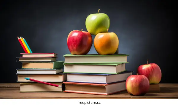 A stack of books with apples on top of them