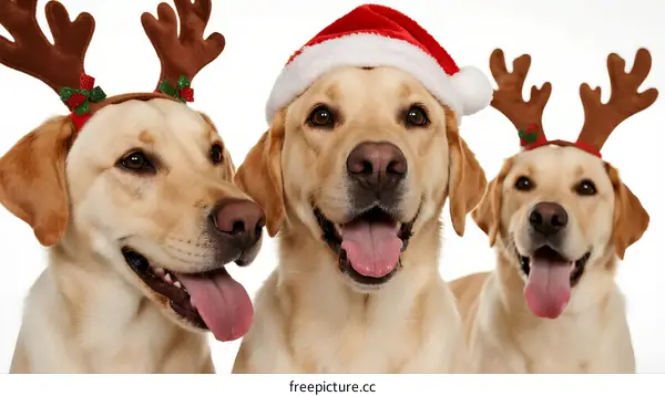Three Happy Labrador Retrievers Wearing Christmas Antlers and Hat