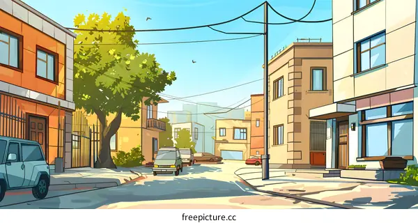 Cartoon Illustration of a Sunny Day on a Residential Street