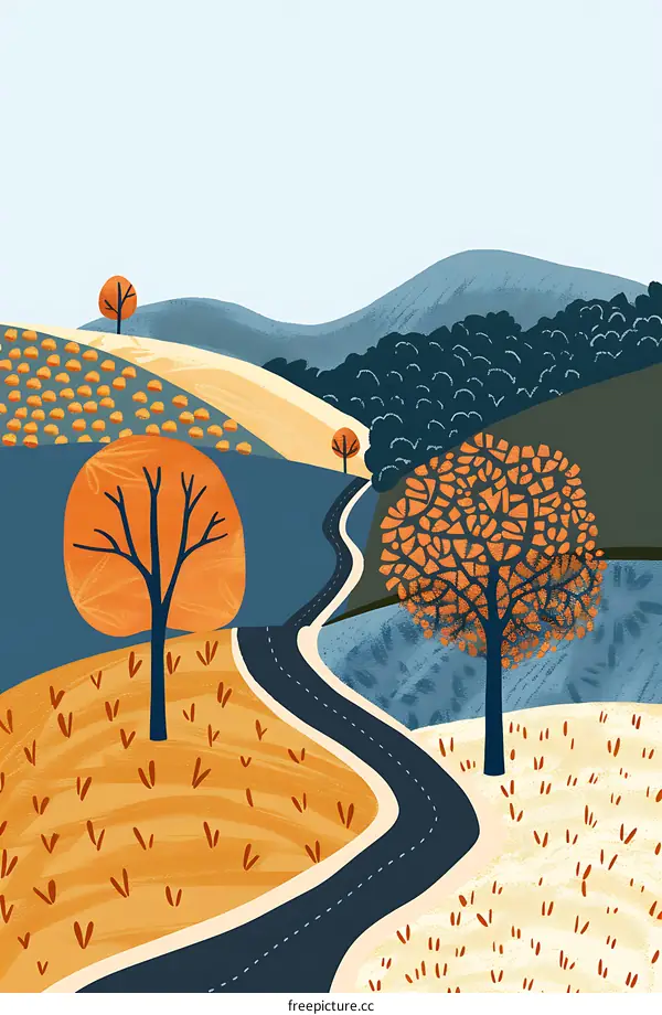 Autumn Landscape Illustration with Winding Road