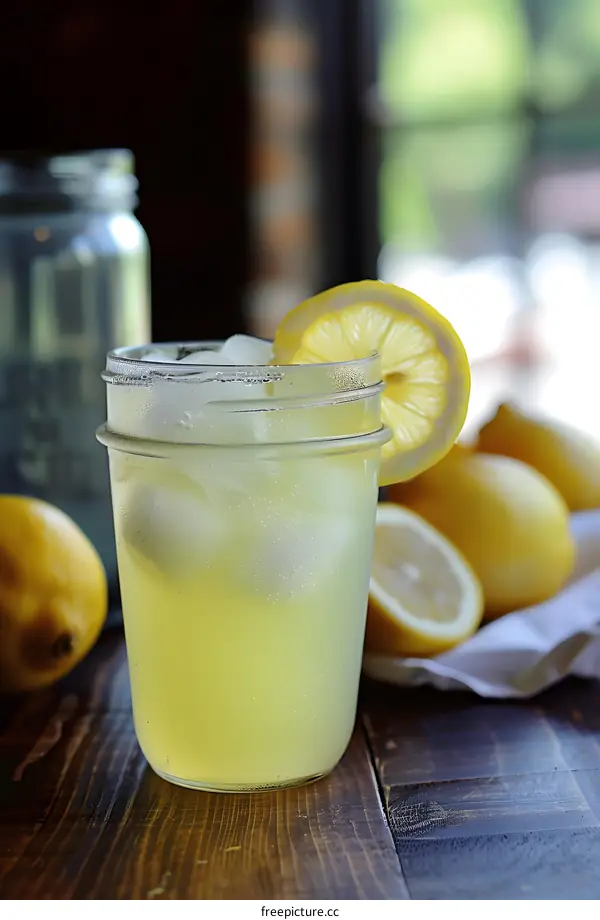 Cold Lemonade with Lemon Slice and Ice Cubes