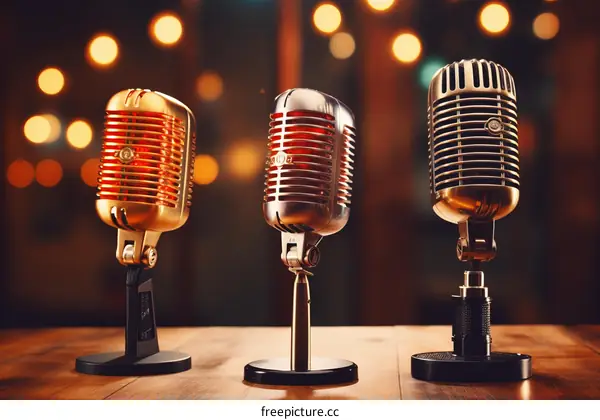 Three Microphones on a Wooden Table with a Bokeh Background
