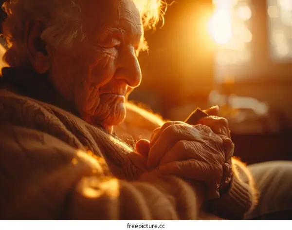 An elderly woman sits in a chair and holds her hands together in her lap.