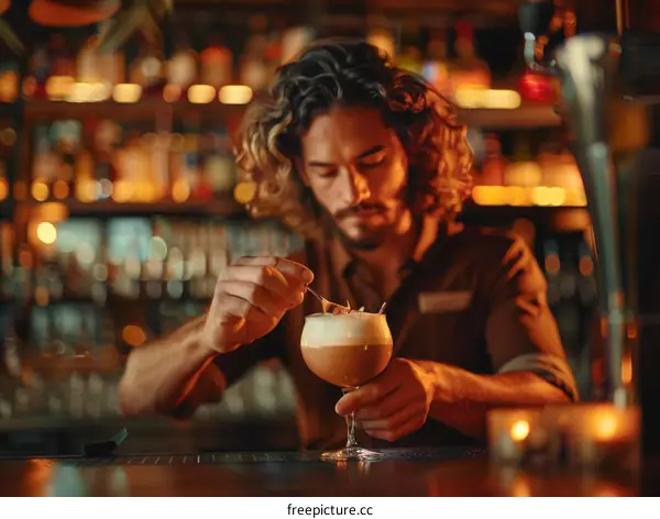 Male bartender carefully preparing a cocktail drink at a bar