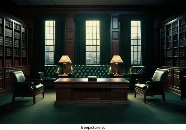 Lawyers office interior with green leather furniture and wooden desk