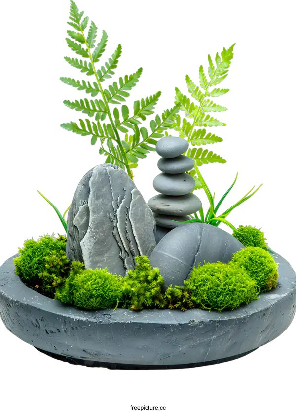[Transparent Background PNG]Small Zen Garden with Ferns, Moss and Stones