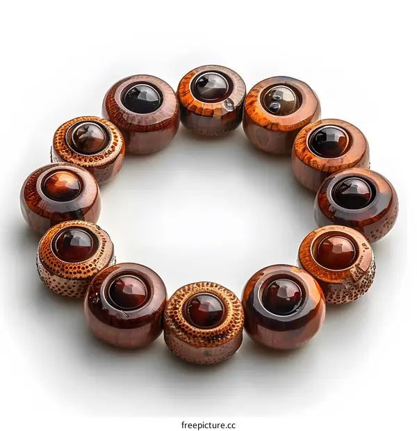 A circle of wooden beads with glass eyes